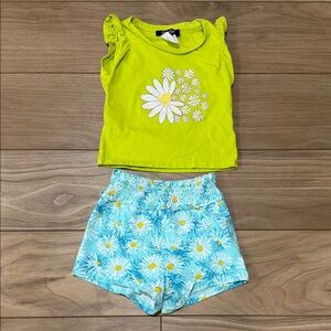 Green Daisy Top and Blue Floral Shorts Set